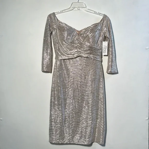 Rene Ruiz NWT Draped Cocktail 3/4 SLV Champagne Metallic Off Shoulder Dress SZ10 - Picture 2 of 15